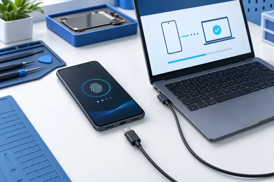 Pixel Smartphone, USB-C-Kabel und Computer zur Vorbereitung der Kalibrierung