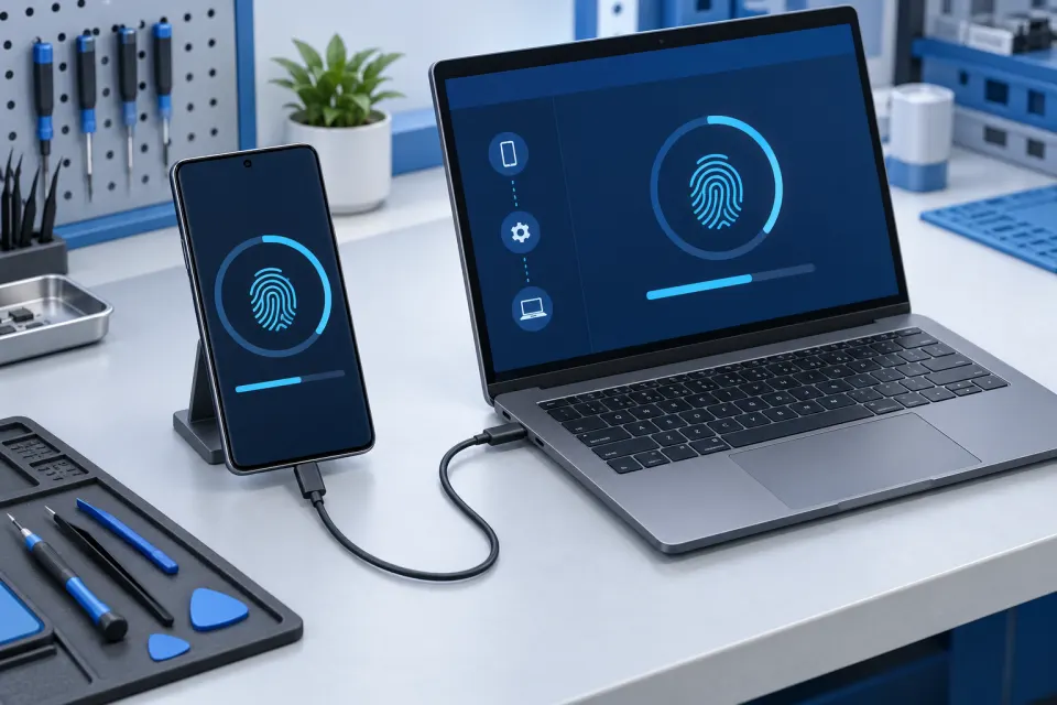 Pixel Smartphone per USB-C mit Computer während der Kalibrierung verbunden